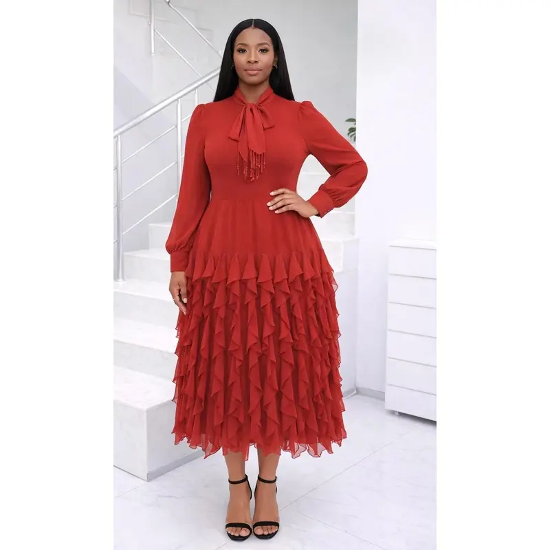 strapless open back dress Miss Circle Women's Nahla Red Drop Waist Midi Dress with Buttons main image 1