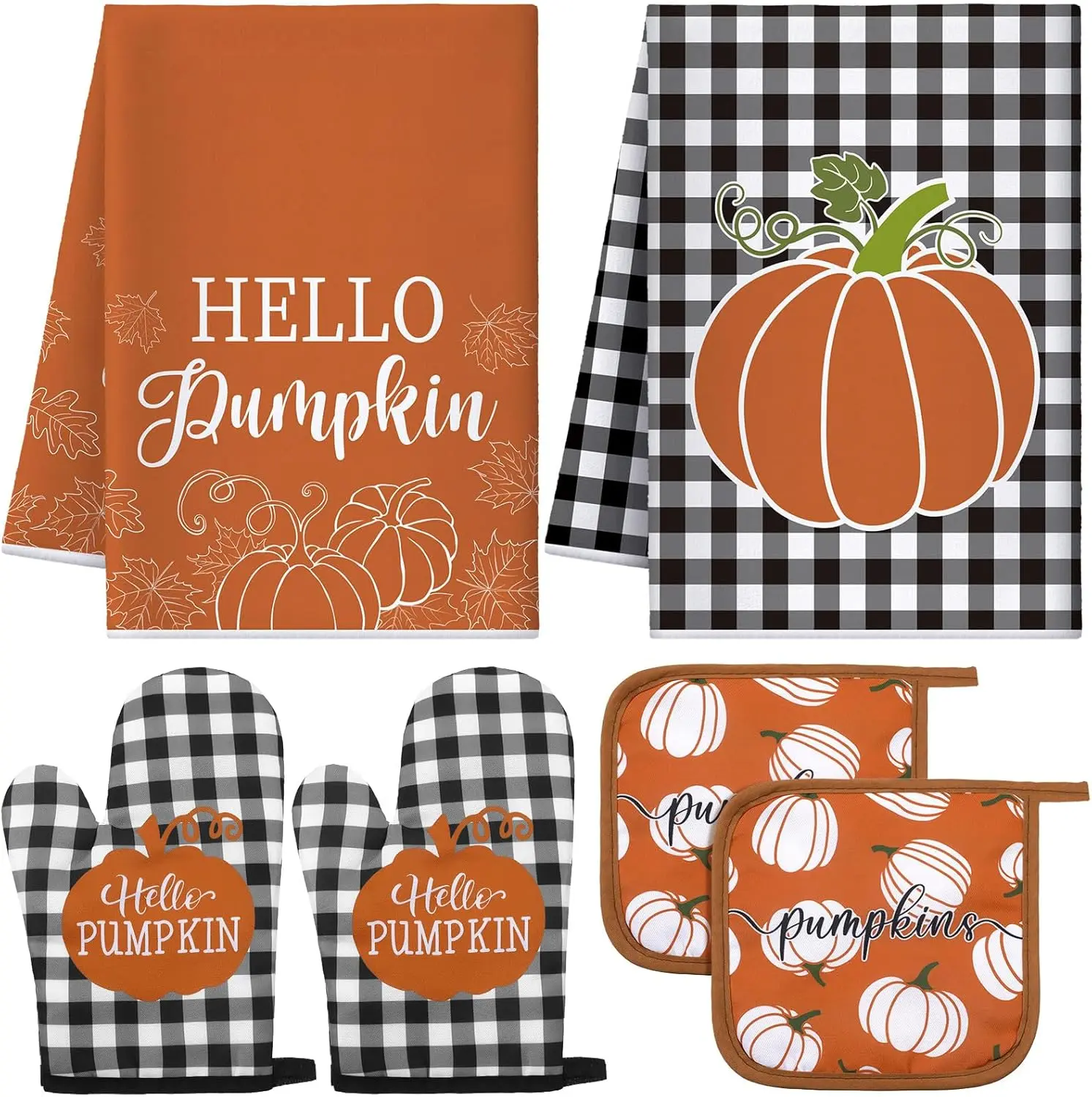 6 Pcs Fall Kitchen Decor Set Include 2 Buffalo Plaid Oven Mitts & 2 Heat Resistant Pot Holders & 2 Hello Pumpkin Microfiber Dish Towels for Autumn Baking Cooking Bakeware Thanksgiving Gifts