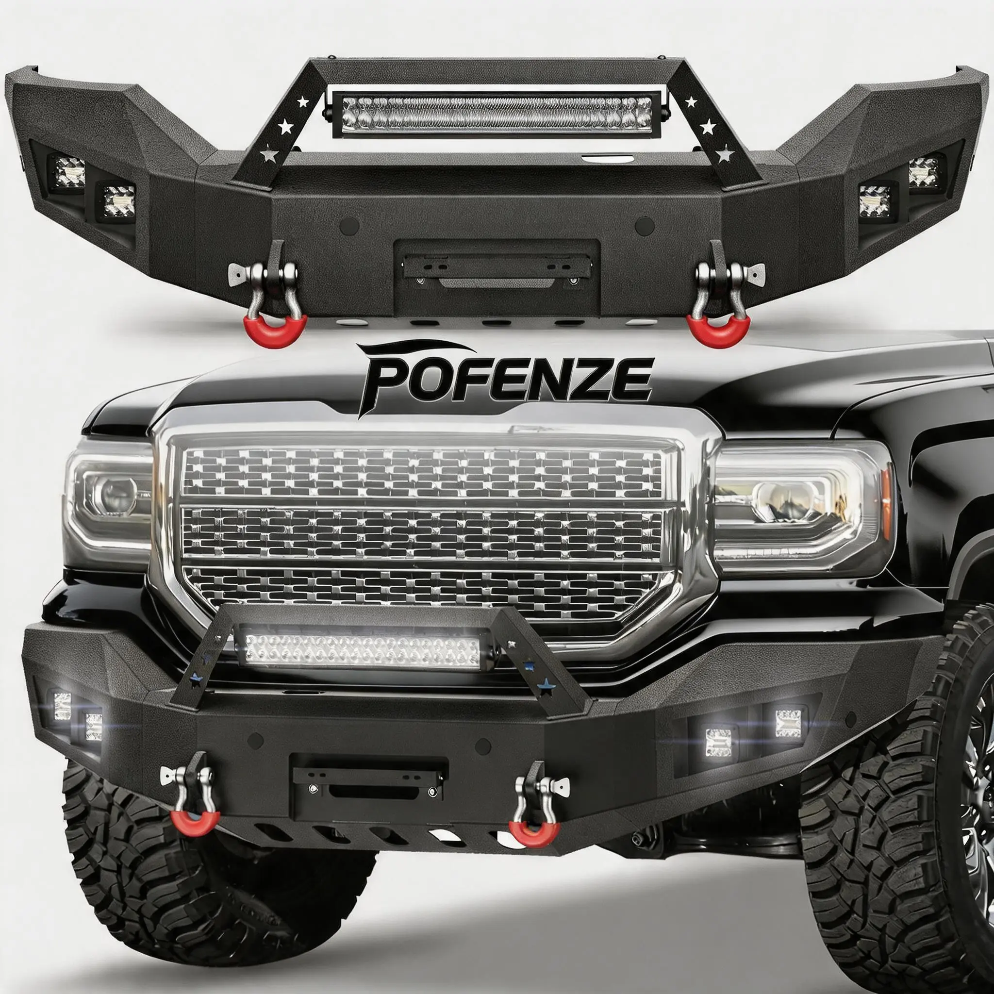 POFENZE-NADIA Custom Fit Front Bumper for 2016-2018 GMC Sierra 1500 Pickup Truck - Black Finish, Winch Plate, D-Ring, Lights - Automotive Replacement Body Part, Boosts Off-Road Versatility & Visibility