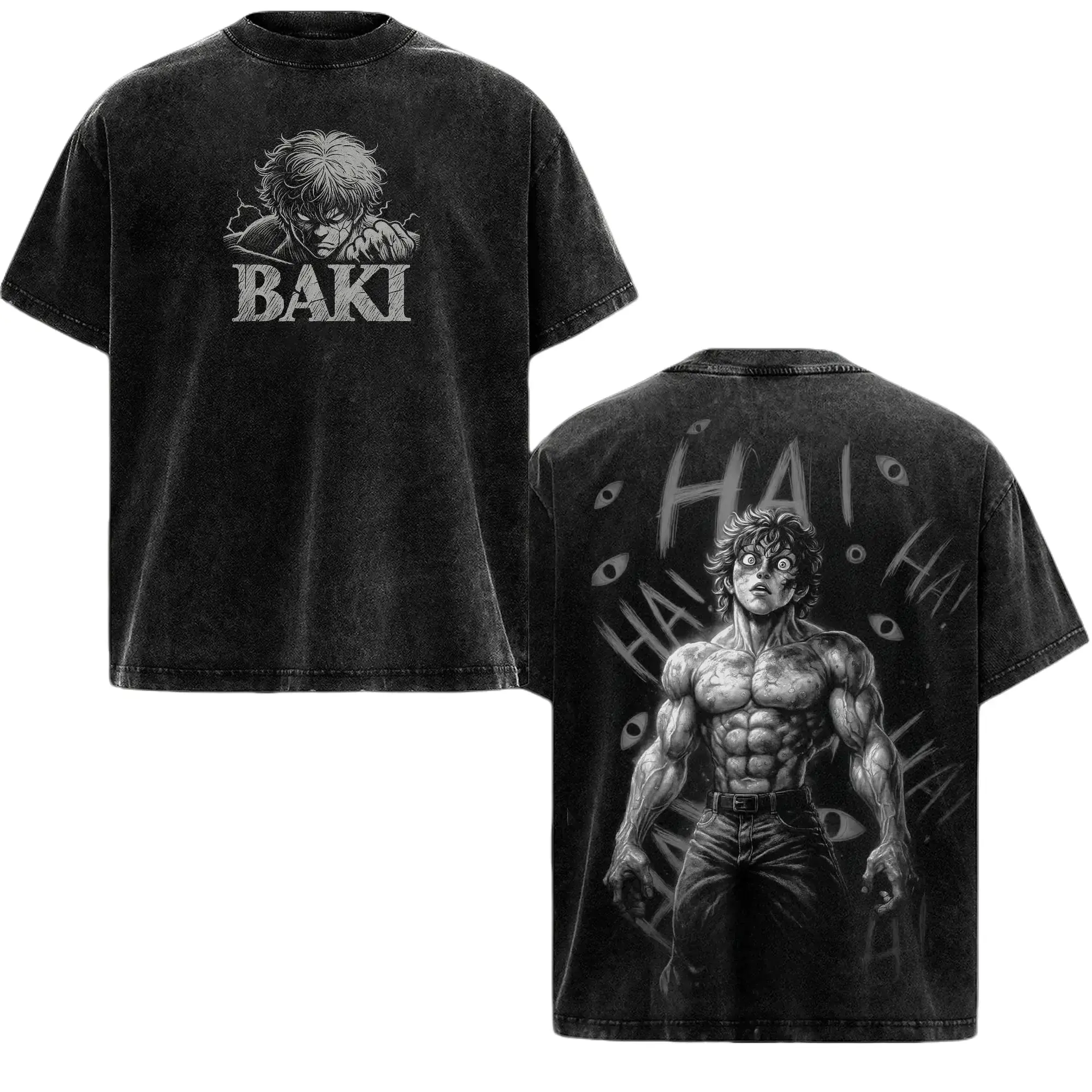 Baki Hanma Anime Graphic T-Shirt, Unisex Vintage Washed Heavyweight Cotton Streetwear Top with a Relaxed Fit and Seamless Collar, Shortsleeve, Classic