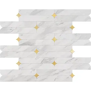 Peel and Stick Backsplash Tiles 10-Sheet BPA-Free PVC White Mixed Gold Stellate 12"x12" Waterproof Heat Resistant Geometric Flower Tile for Kitchen Bathroom Fireplace RV