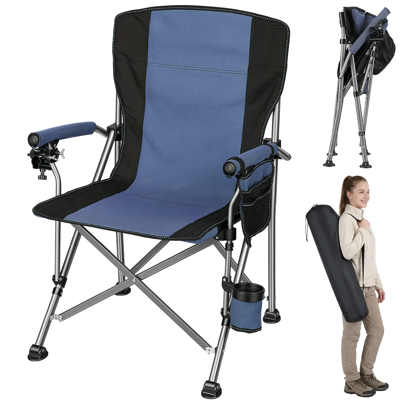 Folding Fishing Chair with Rod Holder, 150Kg Heavy Duty All Terrain Chair with Side Pocket, Cup Holder, Portable Adults Armchair for Outdoor, Camping, Garden, Beach, Lawn, Picnic