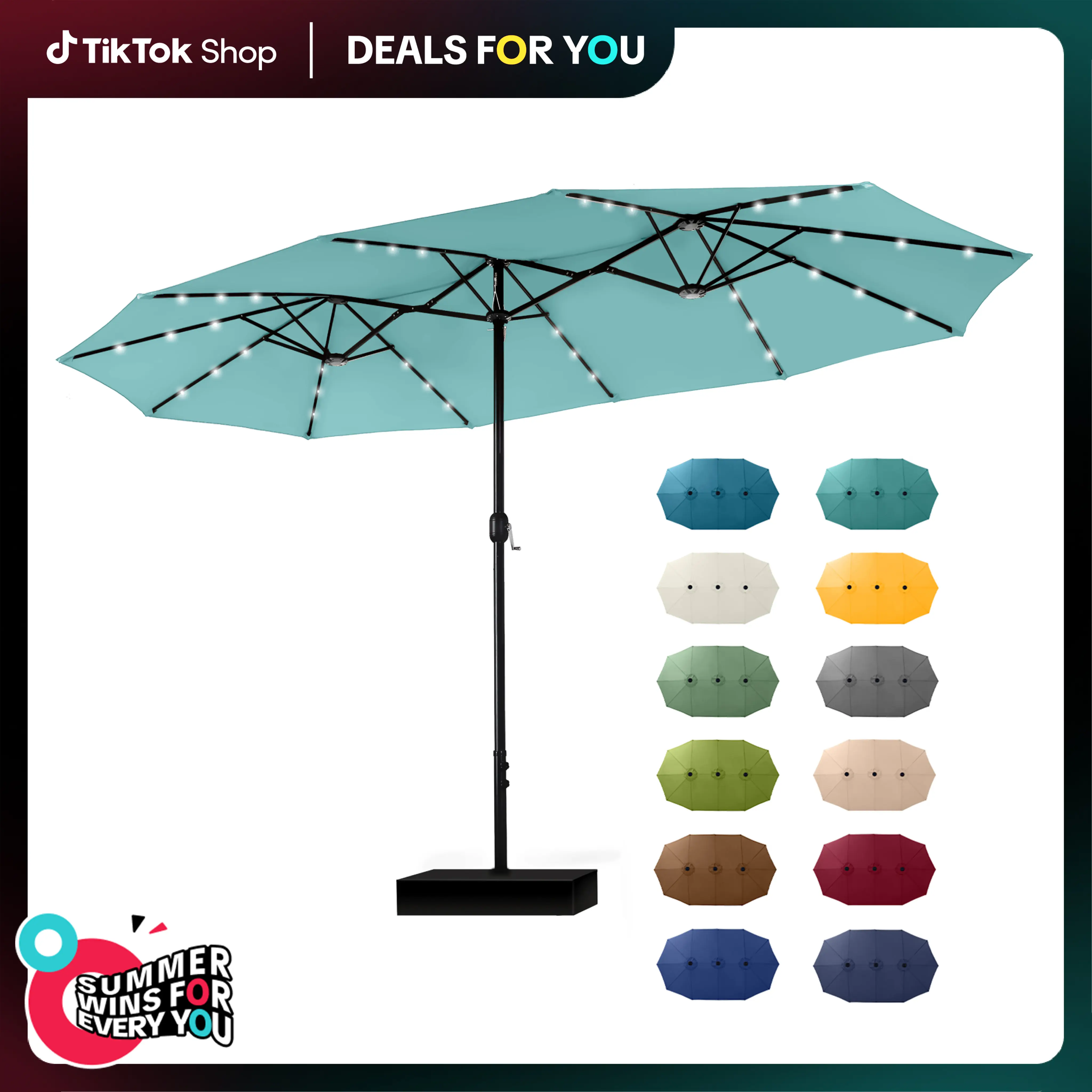DealsForYouDays PHIVILLA 15ft Large Outdoor Patio Umbrella with Base – LED Light Option, Double-Sided, Crank Handle, Waterproof，Comes with Weighted Base and Sandbag, Accommodates 10 People, Great for Poolside, Garden, Lawn, Backyard, Deck and Beach