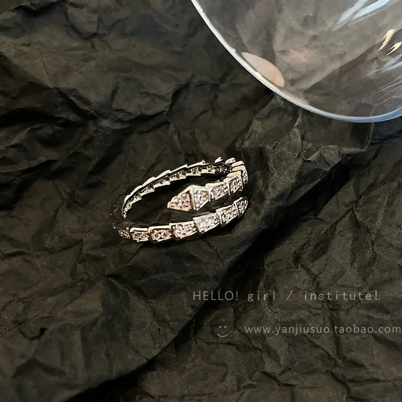 Snake Full Paved Crystal Adjustable Open Ring for Women, Niche Minimalist Versatile Index Finger Band
