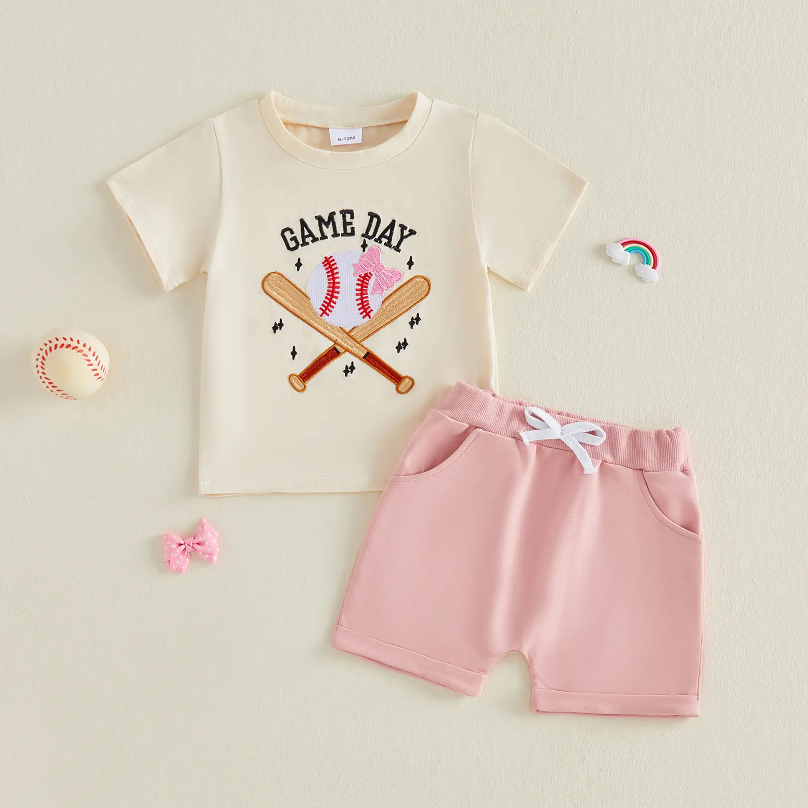 Toddler Baby Little Girls Shorts Set Short Sleeve Embroidery Baseball T-shirt with Shorts Summer Outfit 6M-4Y