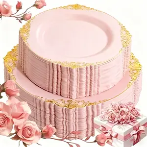 60 Gold Plastic Decorative Plates Set, Vintage Style Party Supplies for Weddings Christmas Halloween, Suitable for 30 Guests