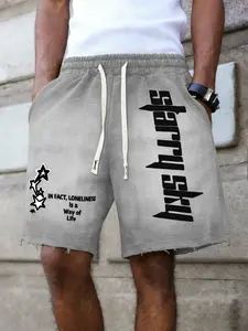 Drawstring Shorts with Star Letter Print, Comfortable Knit Fabric for Summer Sports, Elastic Waistband Loose Fit for All Seasons