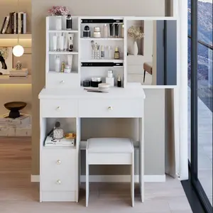 29.2" x 12.6" x 50.4"Small Size Left Drawer Desktop Vanity Table + Cushioned Stool, Extra Large Right sliding mirror, Multi Layer High Capacity Storage, Practical Fashionable Dresser, Suitable For Small Space
