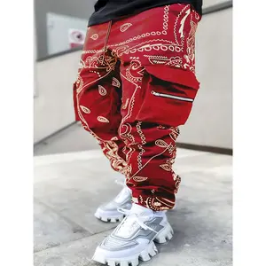 Plus Size Men's Paisley Pattern Graphic Print Cargo Joggers For Spring Fall, Outdoor Sports Trousers For Males