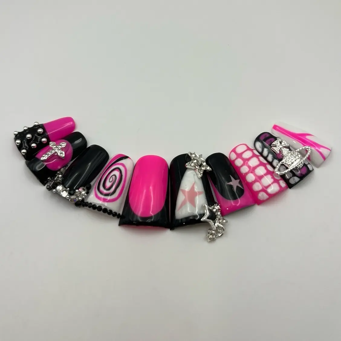 Pink and black y2k junk presson nails
