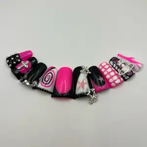 Pink and black y2k junk presson nails