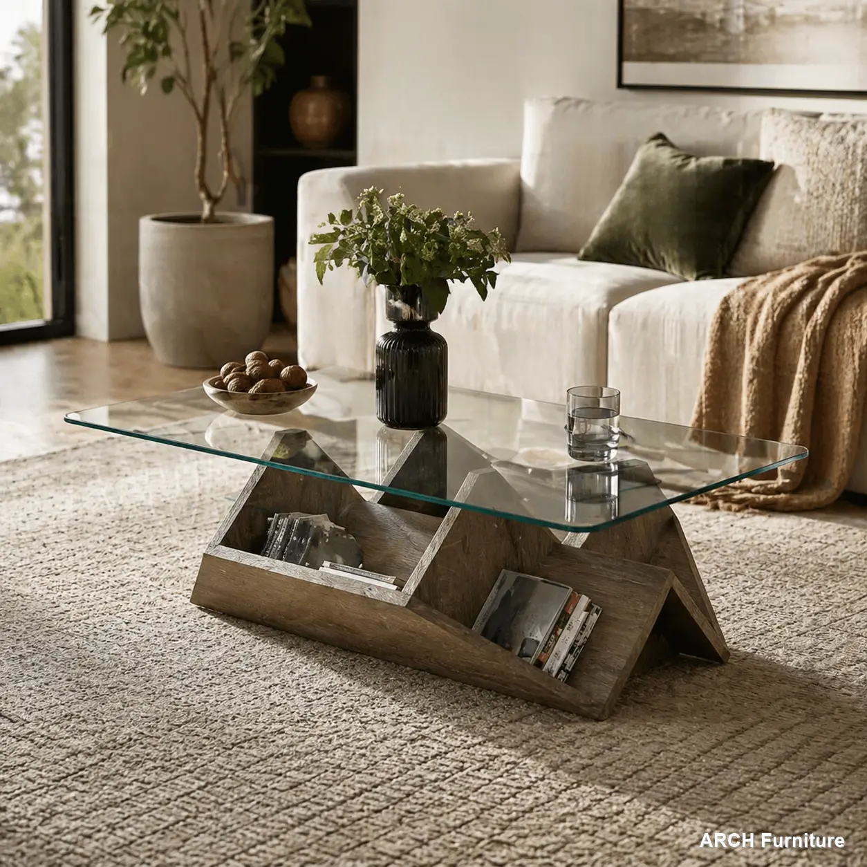 Modern Tempered Glass and MDF Glass Coffee Table - Carved Wood Grain, Multi-Storage Open Compartments - Indoor Living Room Furniture, Office Decor, Glass Coffee Tables