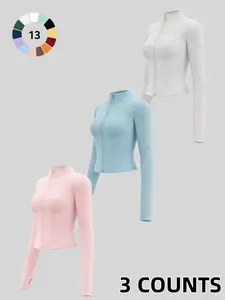 3-Pack Women's Casual Sporty Long Sleeve Jacket, Fitted Zipper Fitness Coat with Thumbholes, Quick Dry All-Season Top, Zipper Sports Coat