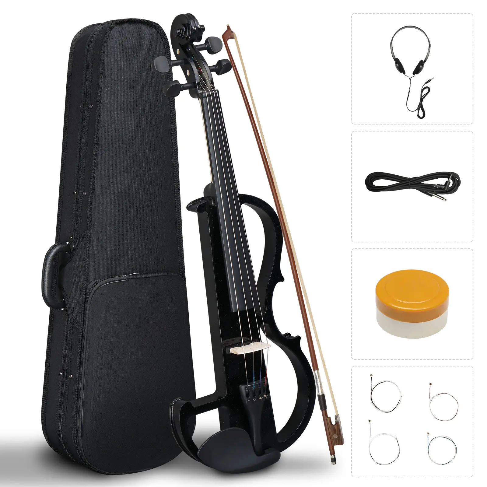 4/4 Full Size Silent Violin with Piano Lacquer Finish, Connecting Line, Rosin Violin Accessory - Includes Case, Bow, Headphones, Portable Strings - Ideal for Quiet Practice, Father's Day Gift