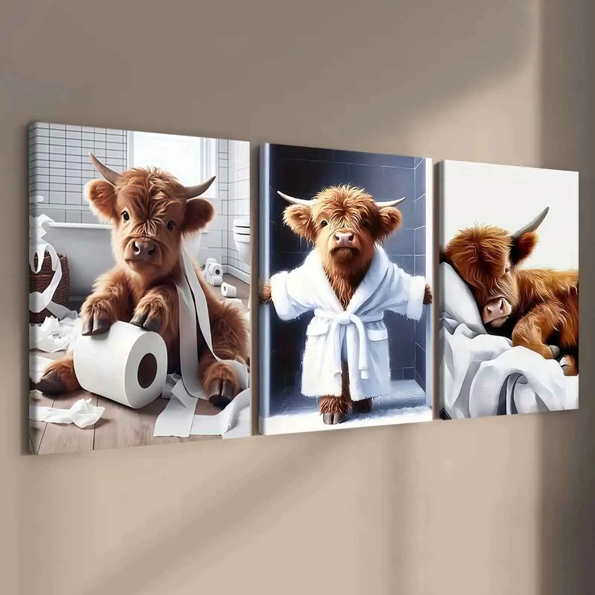 3-Piece Solid Wood Canvas Art Set, Cute Bathrobe Bull Poster, Fun Animal Decor, Wooden Wall Art, Modern Wall Art for Living Room, Ideal Gift Idea, Art Wall Decoration, Artwork, Wall Decor Pictures, Decoration Items