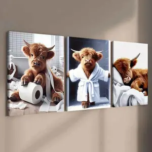 3-Piece Solid Wood Canvas Art Set, Cute Bathrobe Bull Poster, Fun Animal Decor, Modern Wall Art for Living Room, Ideal Gift Idea, Art Wall Decoration