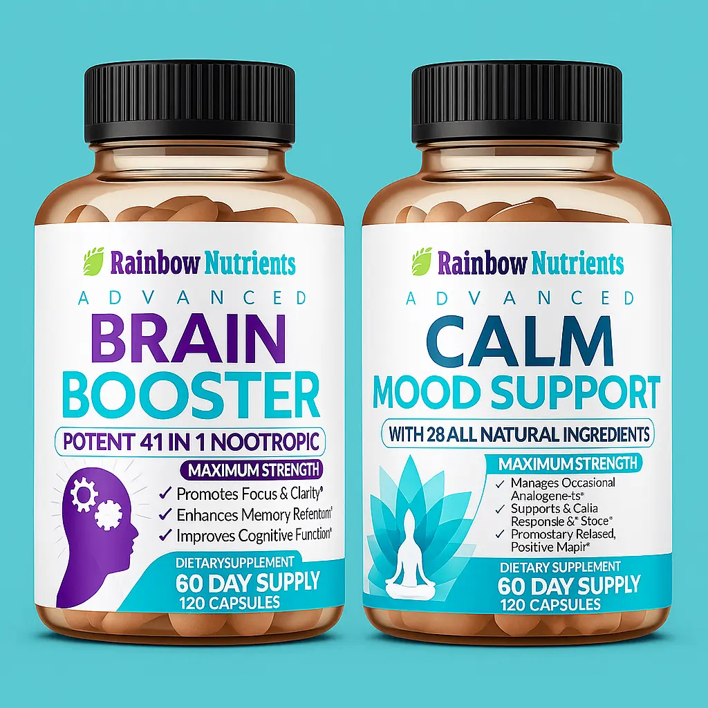 Brain Booster & Calm Mood Support Bundle – 68-in-1 Focus + Calm Supplement Pack to Boost Mental Clarity, Enhance Focus & Reduce Stress - 120 Capsules per bottle (240 total)