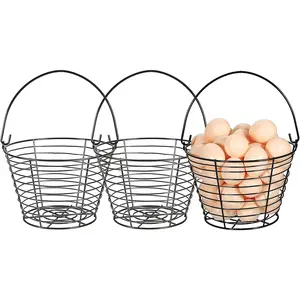 3 PCS 8" Black Round Wire Egg Baskets With Handle, Small Metal Egg Collecting Basket for Gathering Fresh Chicken and Duck Eggs, Countertop Hunting Egg Holder
