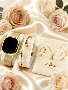 Fashionable Square Touchscreen Watch For Teenagers, Gold Water Drop Bracelet, Necklace, Ring, Earring Set, Magnetic Alloy Strap, Non-Rechargeable Battery, Suitable For Daily, Party, Gift, Fashionable Jewelry Set
