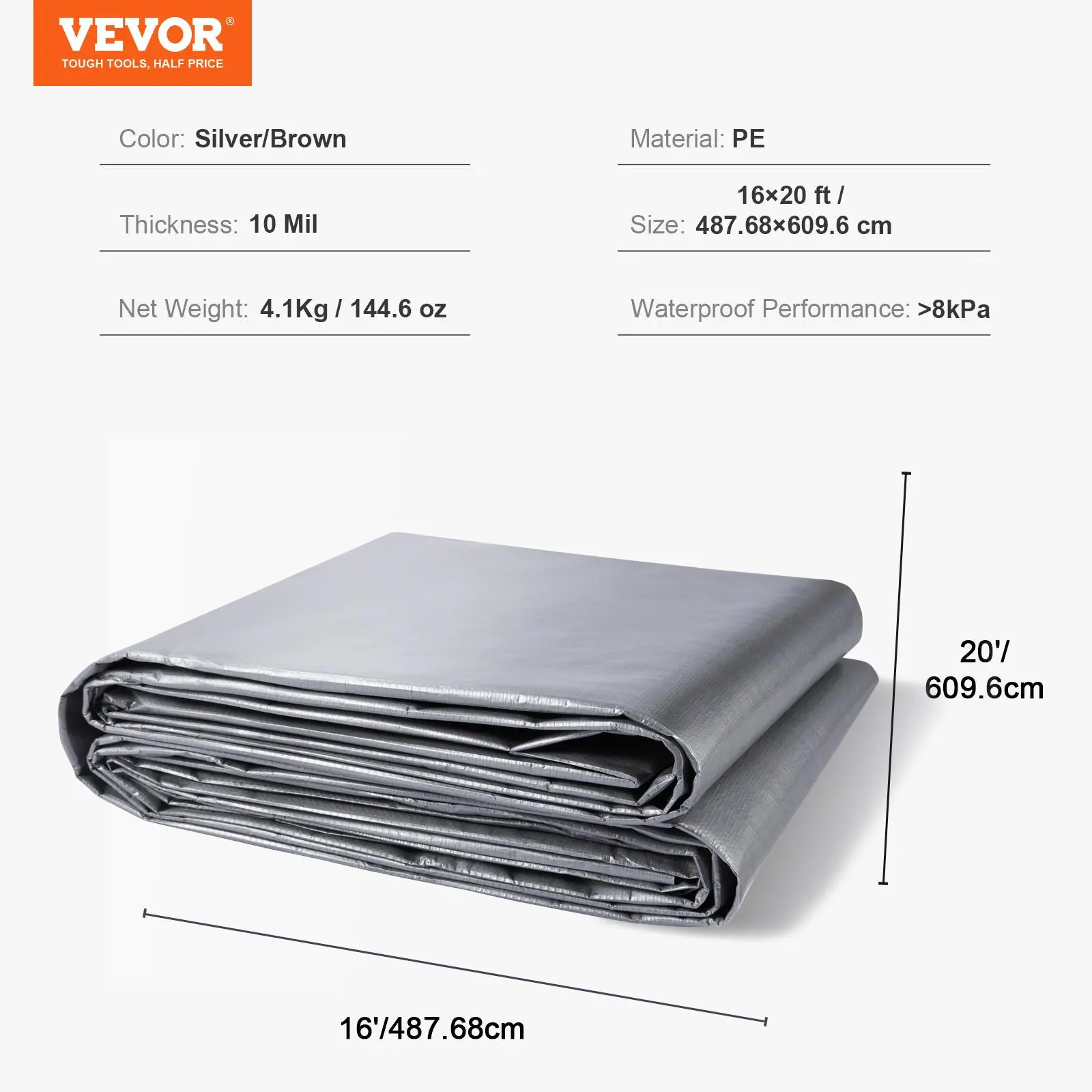 VEVOR 16x20 ft Waterproof Polyethylene Tarpaulin Cover, 10Mil Thick Durable UV-Resistant Outdoor Rain Cloth with Reinforced Grommets, All-Weather for Camping, Picnicking (Silver/Brown), Water Proof, Rainproof