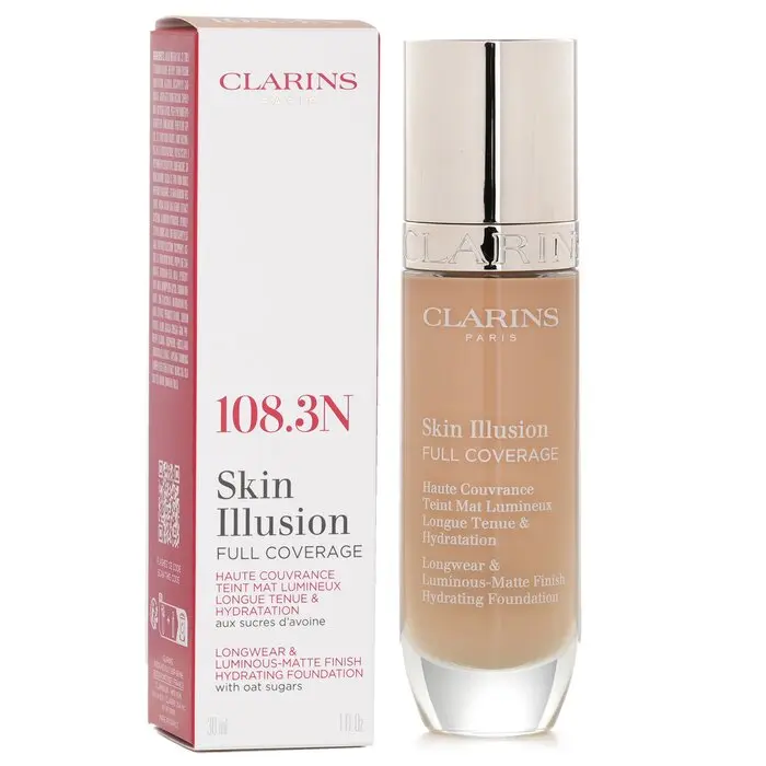 Clarins Skin Illusion Full Coverage Cosmetic Foundation, Moisturize with Hyaluronic Acid, #108.3N Concealer & Makeup Base, 30ml/1oz