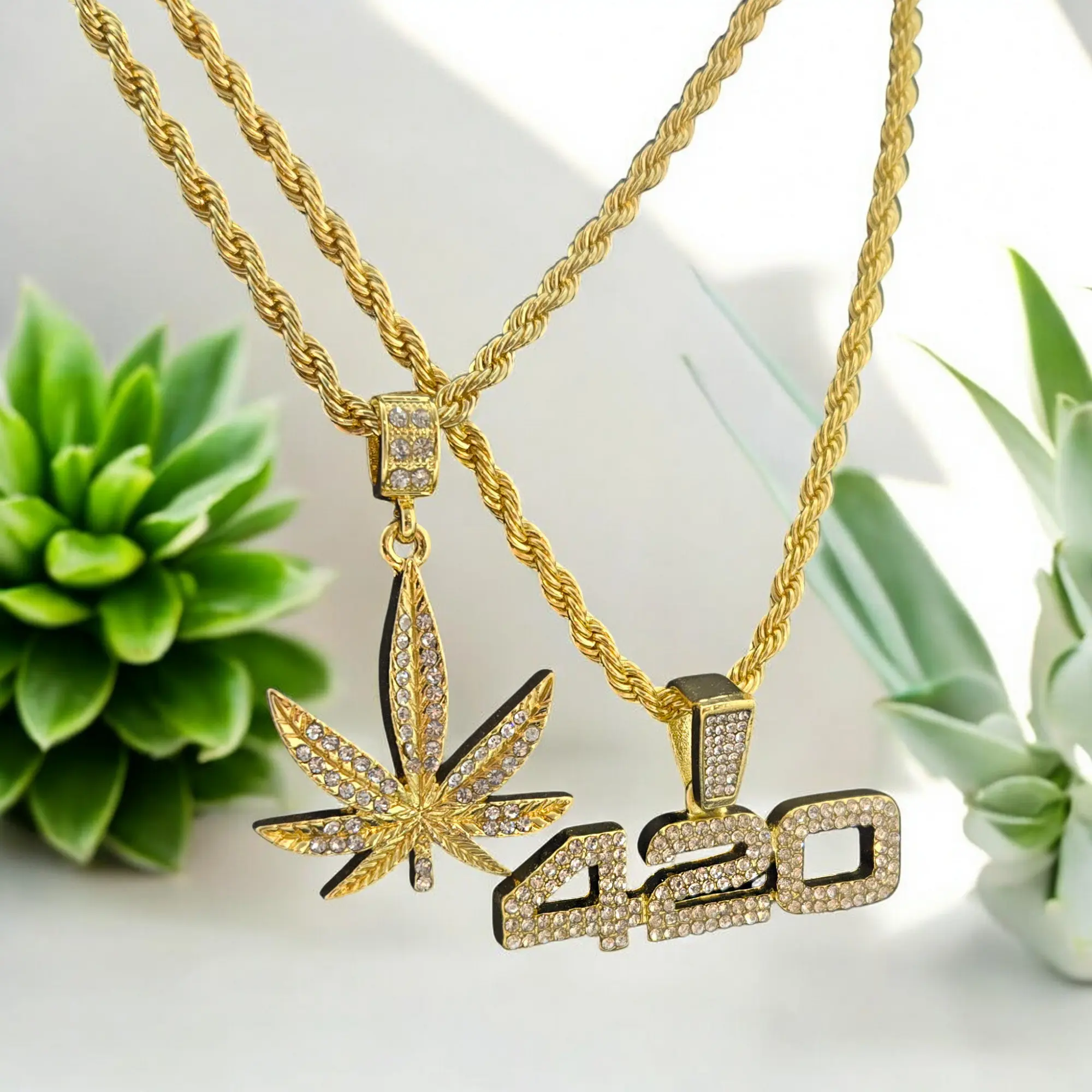 MaxBling81 Necklace Set, Unisex Hip Hop Iced Cubic Zirconia 420 & Weed Leaf Pendants, 2-Piece Gold or Silver Plated Set with 24" Rope Chains, Gold Set, Hip Hop Celebrity