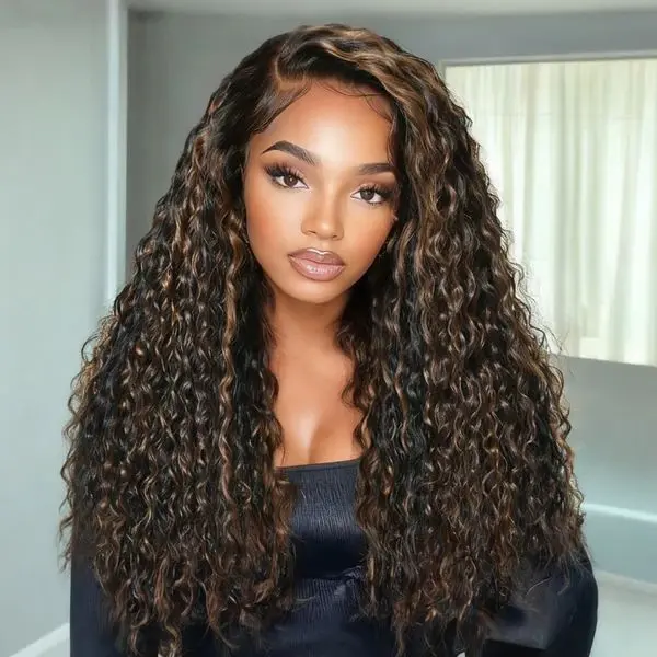 KPEHARE Highlight Ombre Brown Water Wave Glueless Pre Everything 5x5 HD Glueless Wigs Human Hair Drawstring Pre Plucked Pre Bleached Bye Bye Knots Deep Wig with Dark Roots Ready to Wear and Go