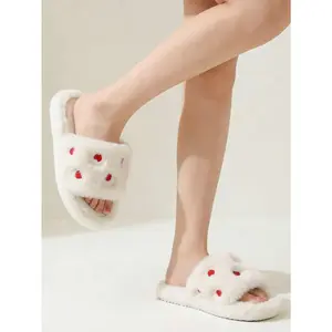 Women's Fluffy Faux Fur Open Toe Slide Slippers With Heart Embroidery, Cute Cat Paw Plush House Slippers With Non-Slip Sole, Cozy Furry Indoor Footwear For Bedroom, Living Room & Winter Loungewear Shoe Walking Shoes Girl Flipflop Flat Nail Laces Lace