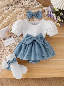 Baby Girl 4-Piece Set Bubble Short Sleeve Patchwork Colorblock Corduroy Floral Bow Romper Dress with Hair Tie and Socks Outfit
