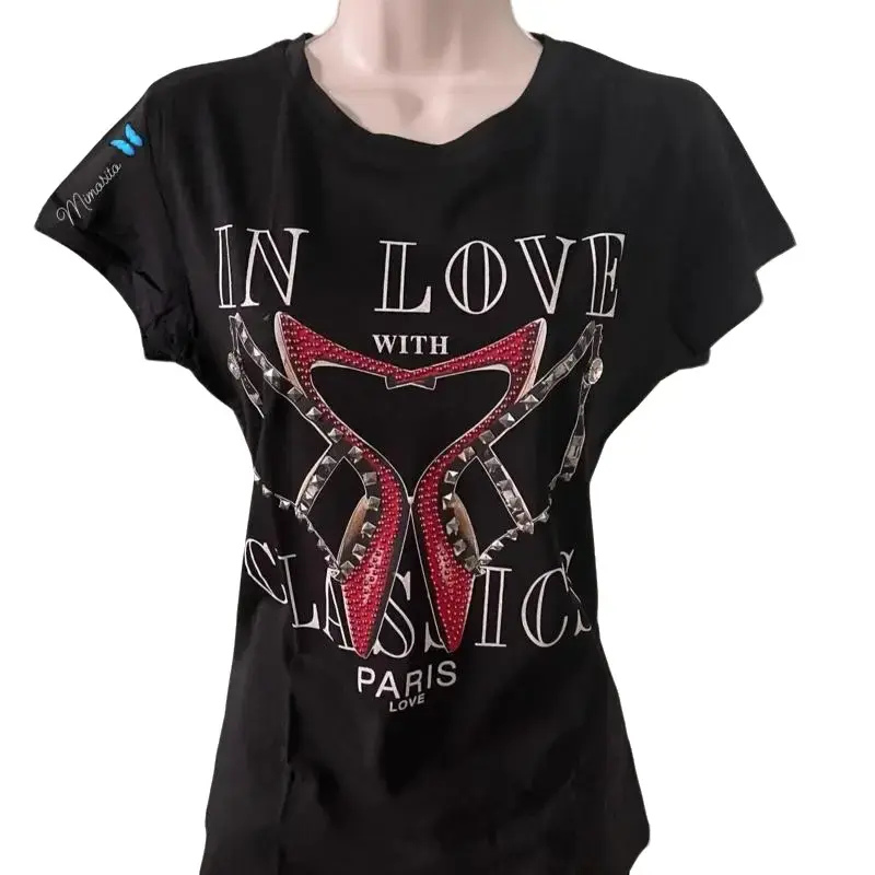 Vinizbena Black Cotton T-Shirt Graphic Printed High-Heeled Design In Love with Classics Paris Love