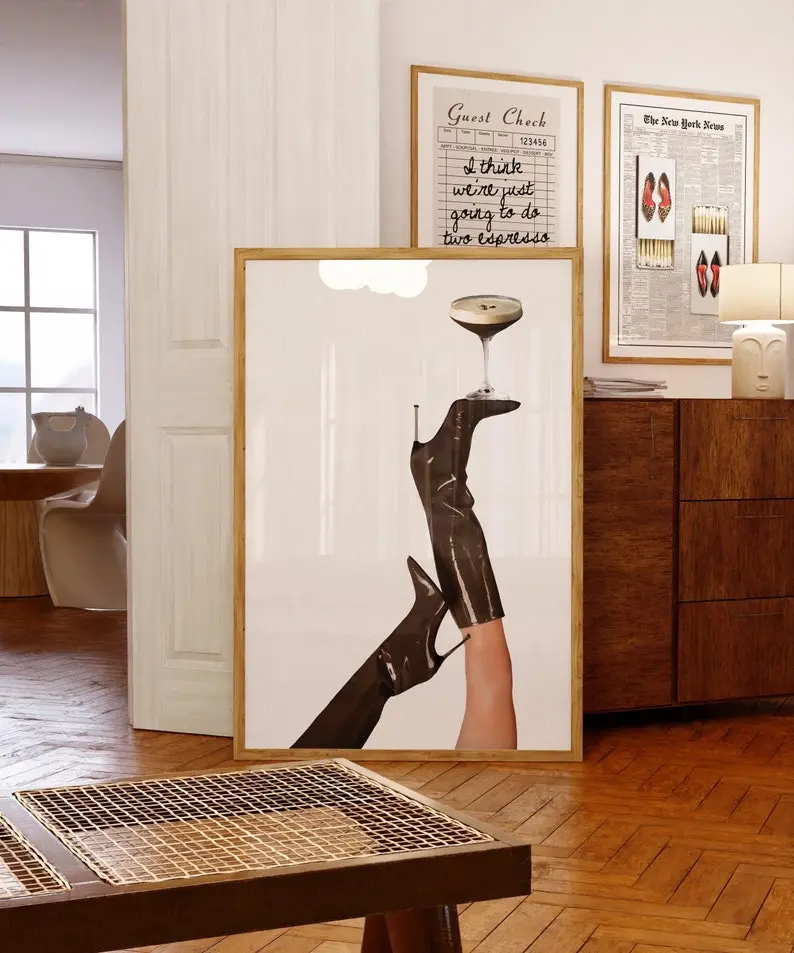 [Unframe Poster] Vintage Brown Boots Print Espresso Martini Wall Art Femme Fatale Poster Luxury Fashion Photography Girly Apartment Decor