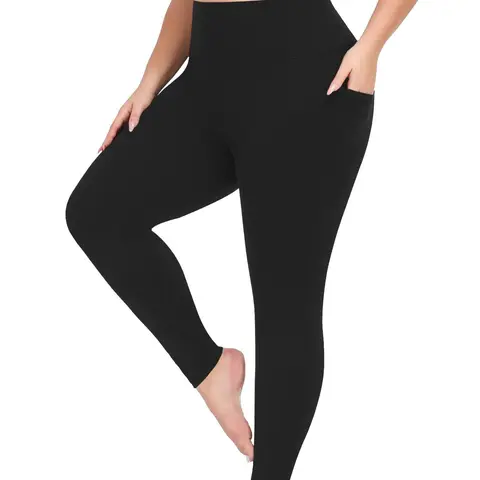 Plus Size Solid Basic High Waisted Pocket Slim Sports Leggings with Pockets, Casual Comfy High Stretch Skin-friendly Skinny Athletic Casual Pants for Women, Women's Bottoms for All Seasons, Stretchy Workout Bottoms