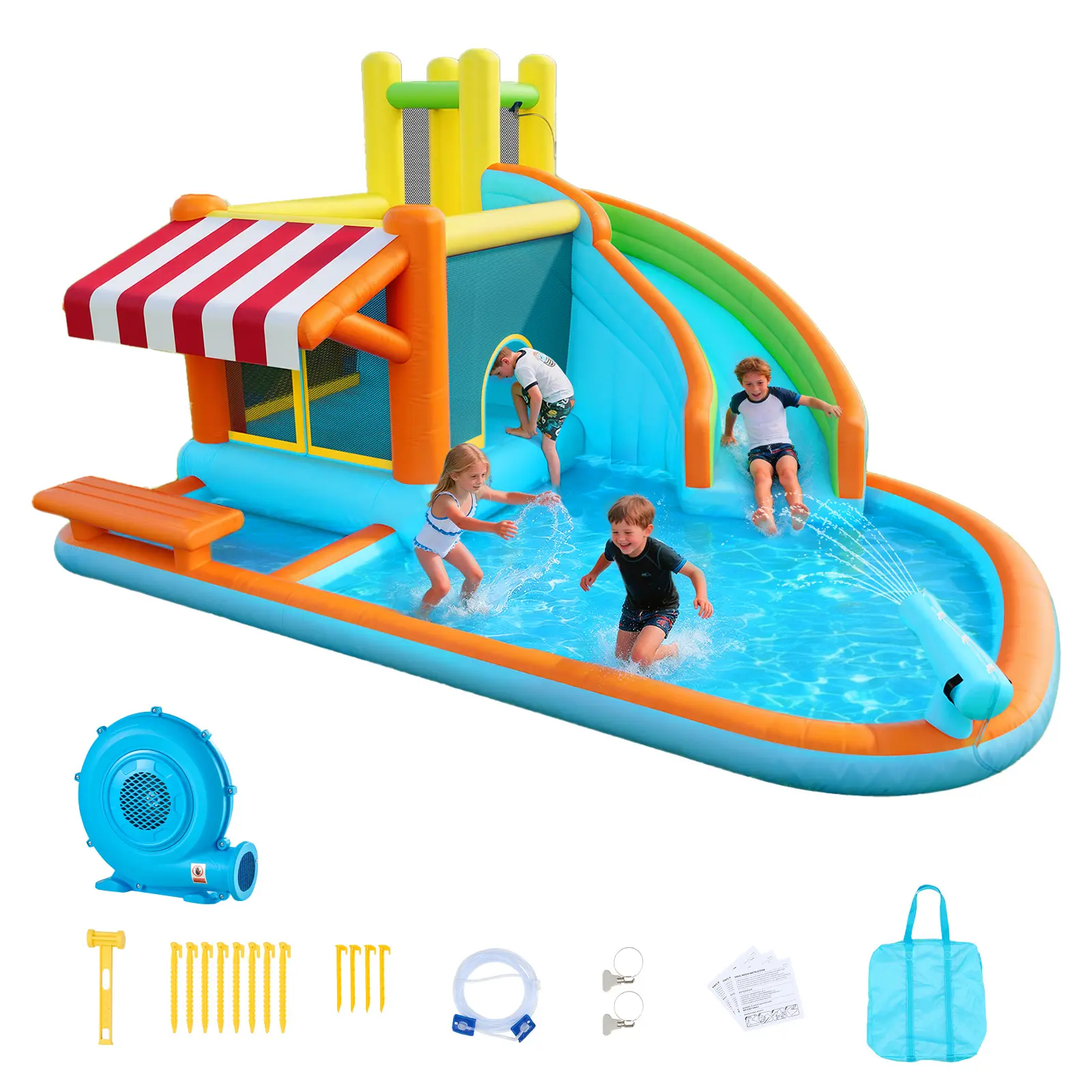 【SummerFinds】VEVOR Inflatable Bounce House, 14.9 x 12.8 x 7.8 ft Inflatable Bounce House Water Slide, Bouncer Castle with Castle Bounces, Tall Slide, Splash Pool & Pretend Market Booth, for 3 to 4 Kids Ages 3 to 8