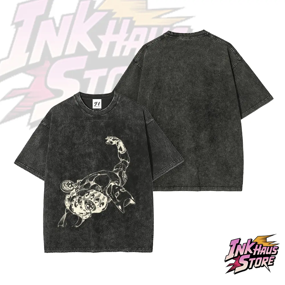 “Killer Queen ”JoJo's Bizarre Adventure Character Acid wash T-Shirt Short Sleeve Cotton Unisex Retro tee,anime fashion style,stylish outfit
