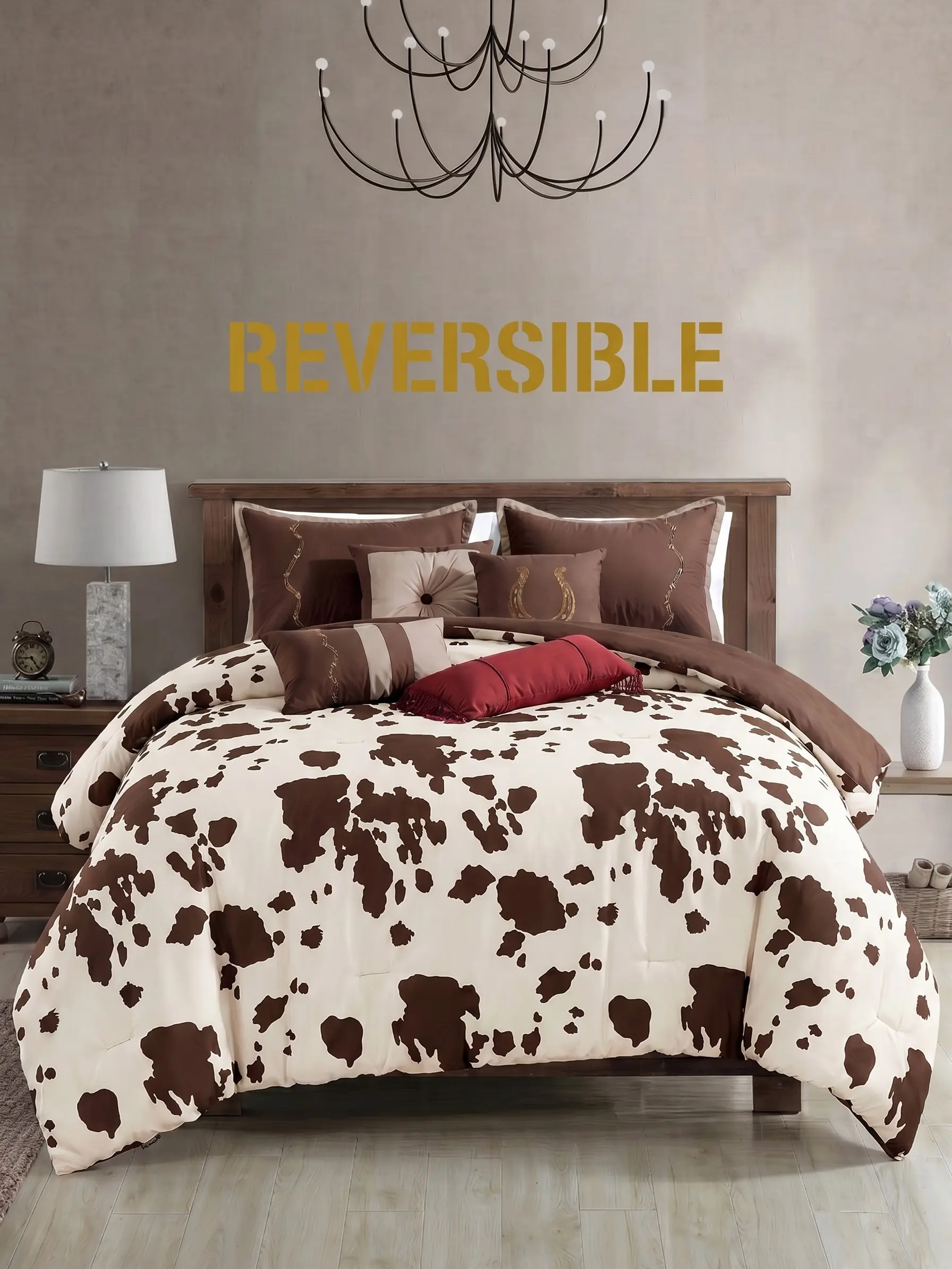 Artistic Home Textiles –Reversible Cow Print Comforter Set, 7 Piece Western Bedding, Soft Microfiber Cozy Bed Set