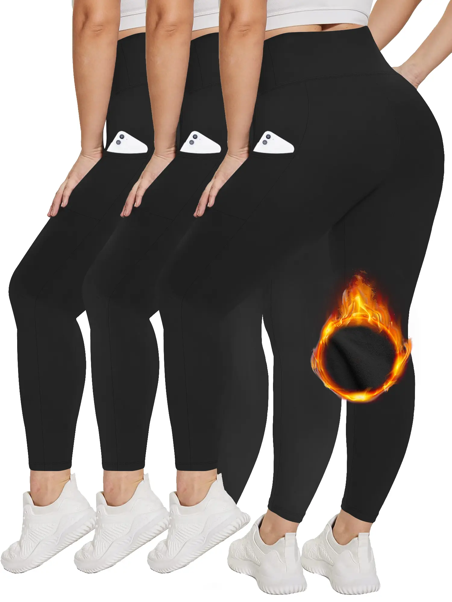 Women's 3-Pack High-Waisted Fleece-Lined Elastane Thermal Gym Leggings with Pockets - Plus Size Winter Athleisure Fitness Bottoms, Active Pants, Fitness Training Pants for Workout & Everyday Wear, Fleece Lined Leggings