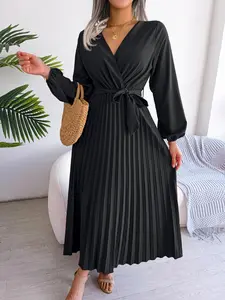 Women's Mean Girls Plain Belted Pleated Wrap Vneck a Line Dress, Elegant Chic Formal Comfort Bishop Sleeve Long Sleeves Midi Dress for Spring, Ladies Clothes for Daily Vacation Outdoor Casual Wear, Sun Dresses, Womenswear, Dresses for Women