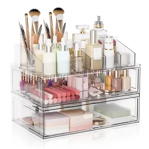 makeup organizer,makeup storage organizer,cabinet locks,3-Tier Transparent Cosmetic Organizer (with Drawers) Meticulously crafted from elegant white acrylic, this beauty display stand is the ideal choice for vanity tables and bathroom countertops.