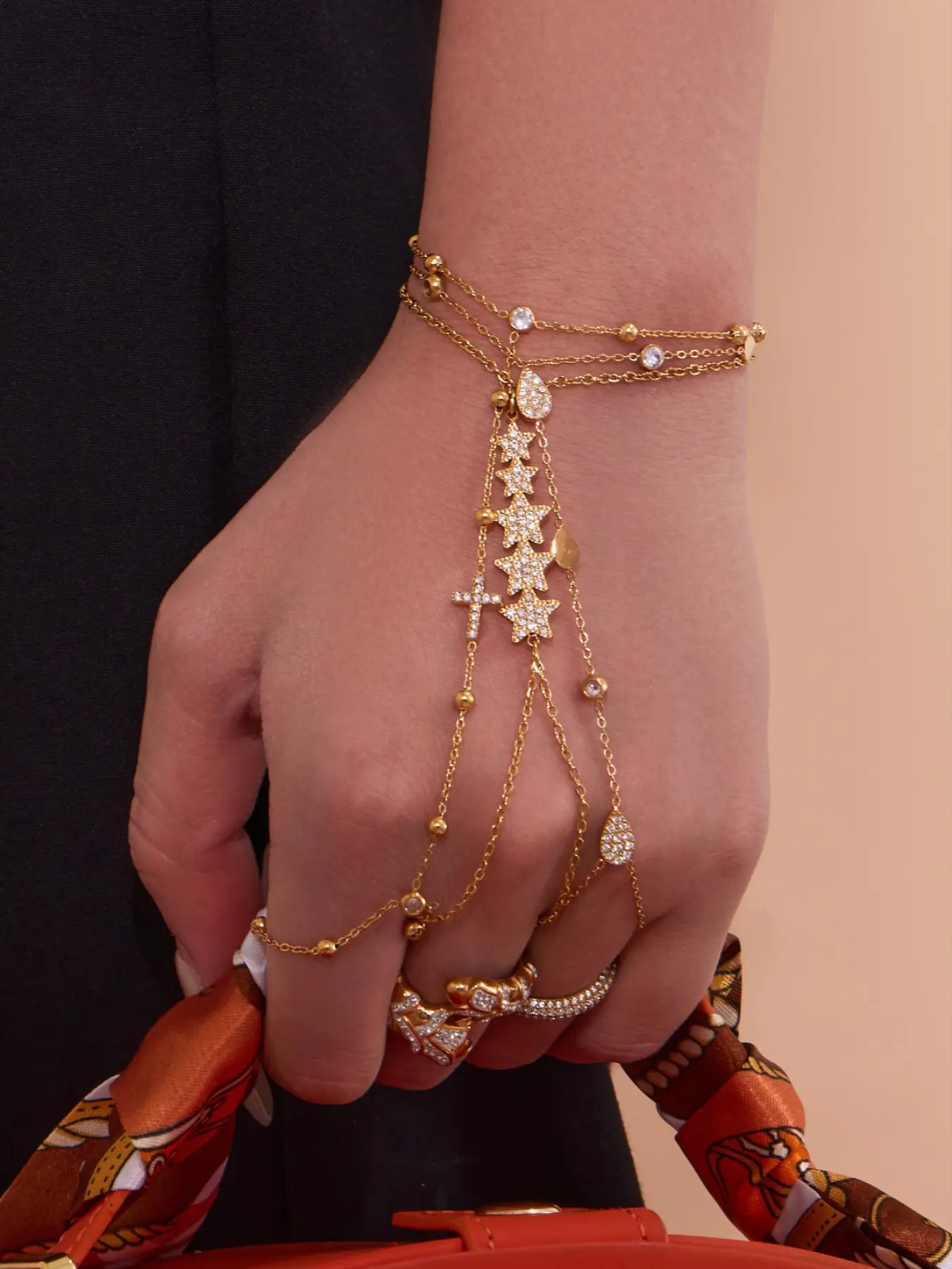 Fashion Design Stainless Steel Finger Chain Handchain, Synthetic Zircon Jewelry, Elegant Simple Style, Geometric Design Bangle, Perfect for Anniversaries, Birthdays, Gifts, Minimalist Chain Bangles