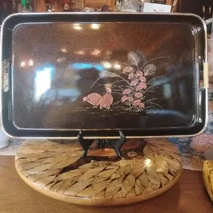 Bohemian Vintage Japanese Lacquerware Serving Tray (Nesting Set Compatible) - Deep Black Finish, Sparkling Gold-Flecked Effect, Traditional Hand-Painted Motifs, Kitchenware Plates & Tableware Accessory