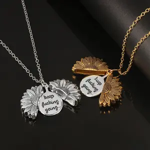 Keep Fucking Going Inspirational Gifts for Men Daughter Son Women Sunflower Locket Necklace for Women Men