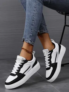 Women's Casual PU Leather Sneakers, All-Season Lace-Up Shoes, Sporty Style for Daily Commute & Outdoors, Comfortable Eva Sole, Sports Sneakers, Trendy Sneakers