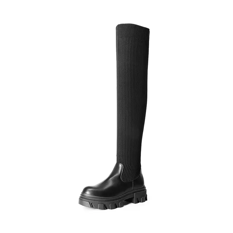Dream Pairs Women's Stretchy Knit Over-The-Knee Boots, Edgy Chunky Lug Sole Block Heel, Comfortable Pull-On Round Toe Statement Shoes, Round Toe Boot, Cozy Knit Keeps Legs Warm, Casual
