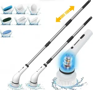 8-Piece Replaceable-Head Household Cleaning Brush Set Electric Rotating Brush with 3-Level Adjustable Length Dual-Speed Mode Ideal for Bathroom Showers, Bathtubs, Glass Surfaces, and Car Interior Cleaning