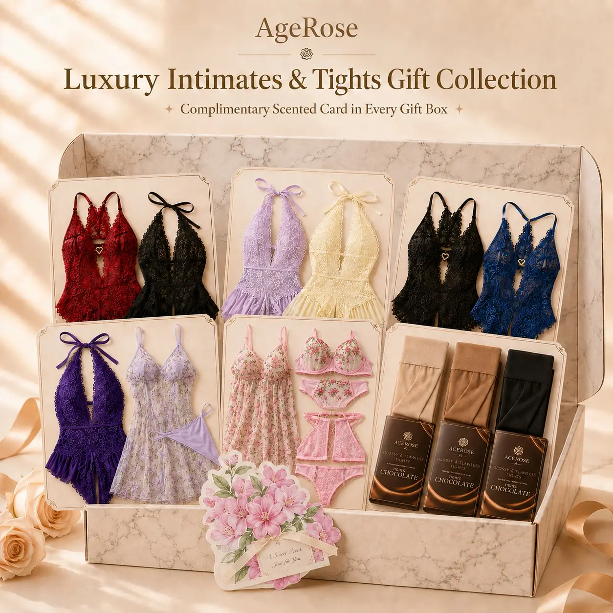 AgeRose Women's Gift Box Set, Premium Lace Lingerie Collection & Seamless Tights, Elegant Floral Design Apparel Sets with Beautiful Packaging, Scented Card Included, Women's Fashion Gift for Birthday, Holiday and Special Occasions#TikTokShopBackToSchool