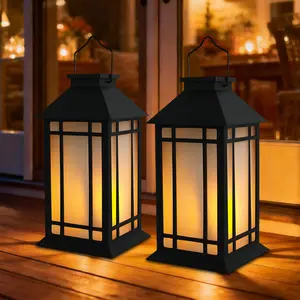 2 Pack Solar Lanterns Outdoor Waterproof Flickering Flame Lights Black Metal Hanging Solar Lantern Patio Porch Garden Decoration