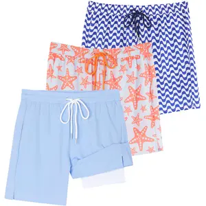 Real Essentials 3 Pack: Men's 7" 2 in 1 Swim Trunks with Compression Liner - Quick Dry Bathing Suit Swimwear Board Shorts