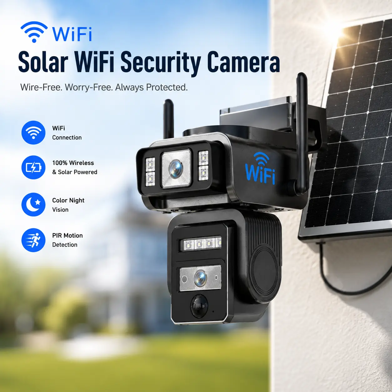 Seckun Solar WiFi Security Camera - 1080P HD Monitoring, Dual Lenses No Dead Ends, PIR Motion Detection, Color Night Vision, Spotlight, 2-Way Audio, Automatic Tracking, Waterproof Outdoor, SD Card Installation, HD2K Security Cameras & Systems view pan