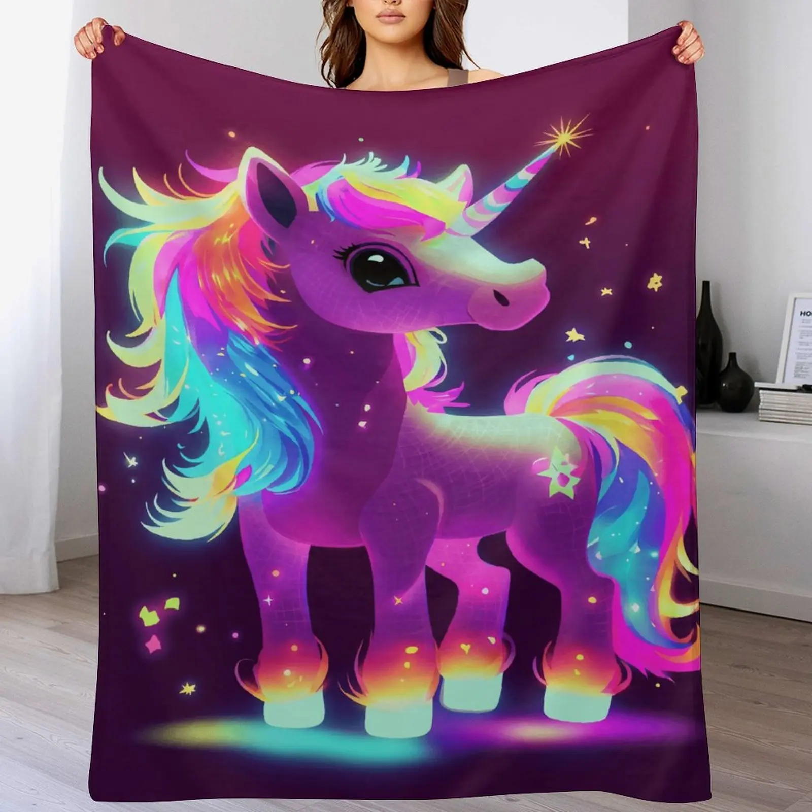 Neon Rainbow Unicorn Blanket, Kawaii Glitter Magic Unicorn Cozy Throw, Cute Fantasy Gift for Girls Kids, Soft Flannel Aesthetic Blanket