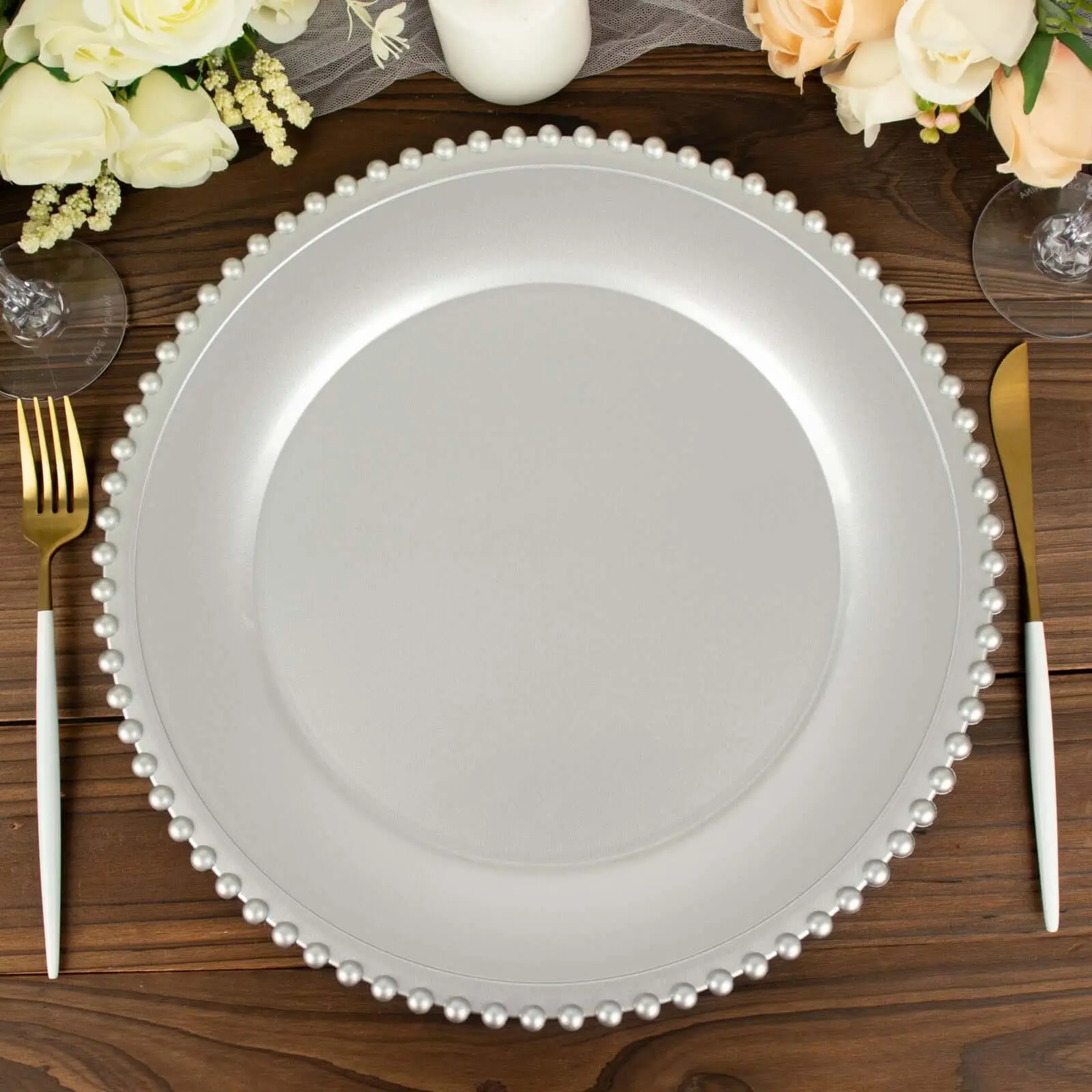 6-Pack Acrylic Charger Plates 13" Round Silver with Beaded Rim - Decorative Dinner Party Charger Tableware